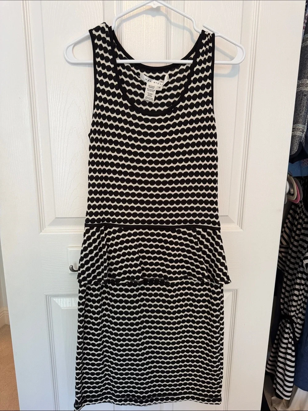 Max Studio Black and White Polka Dot Peplum Midi Dress